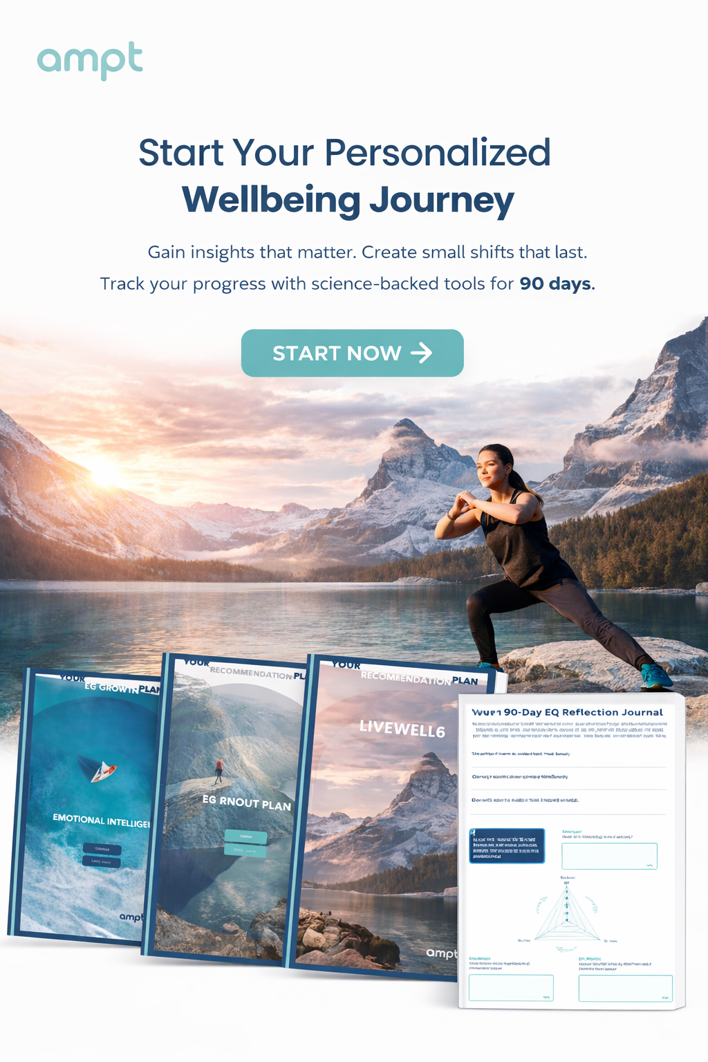 A website landing page for Ampt promoting a personalized wellbeing journey. The background features a woman doing yoga by a lake with mountains and a sunset. There are three books or guides related to emotional intelligence, ego growth, and reflection.