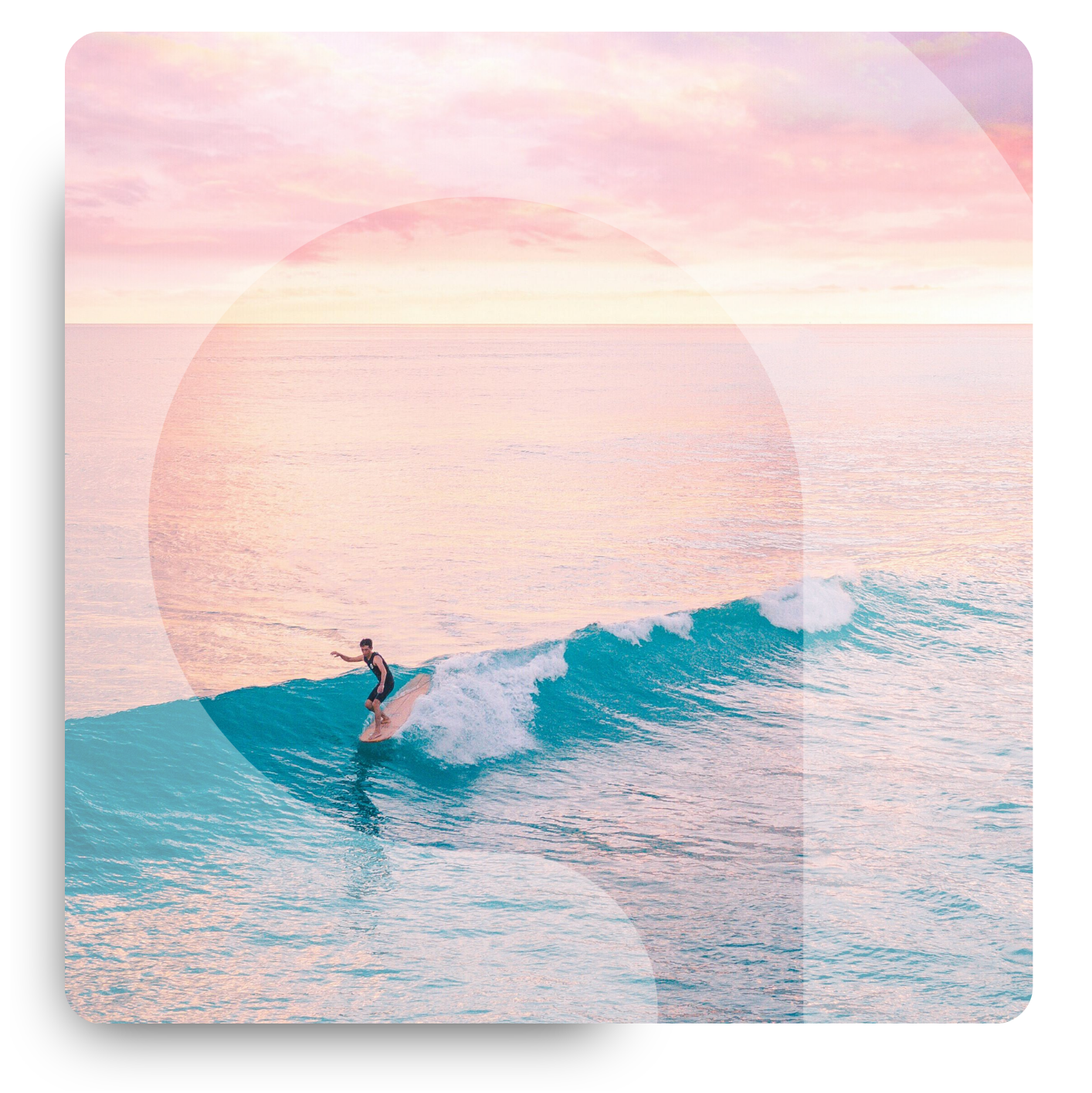 A person surfing on a wave at sunset or sunrise over the ocean with a pastel-colored sky. Symbolising freedom, and living the life they choose. Like the freedom we want to create for Ampt wellness ambassadors