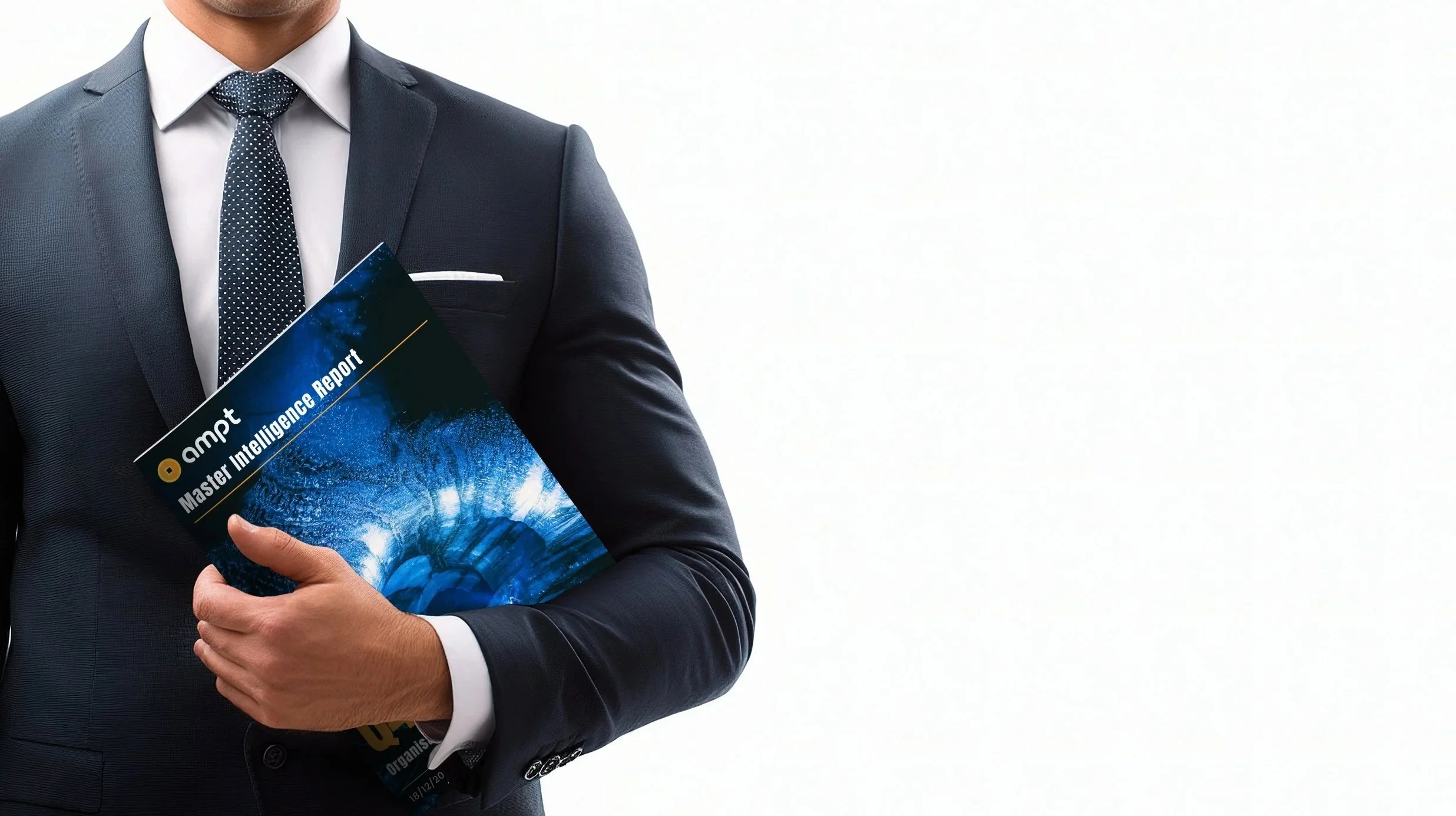 A man in a dark suit and white shirt holding a blue report titled 'Ampt: Master Intelligence Report' in front of him, with a plain white background.