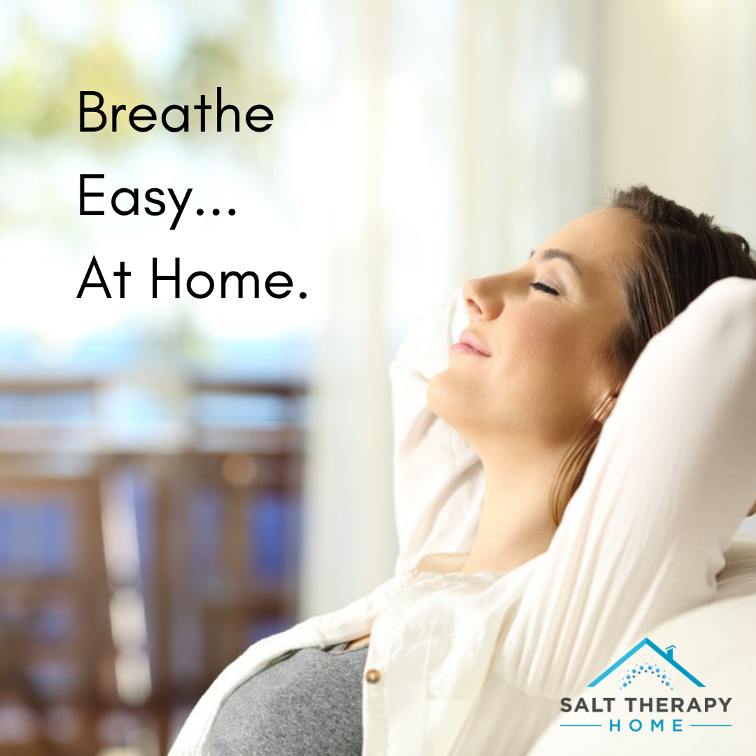 Woman relaxing with eyes closed in a cozy setting, promoting breathing exercises at home with Salt Therapy Home.