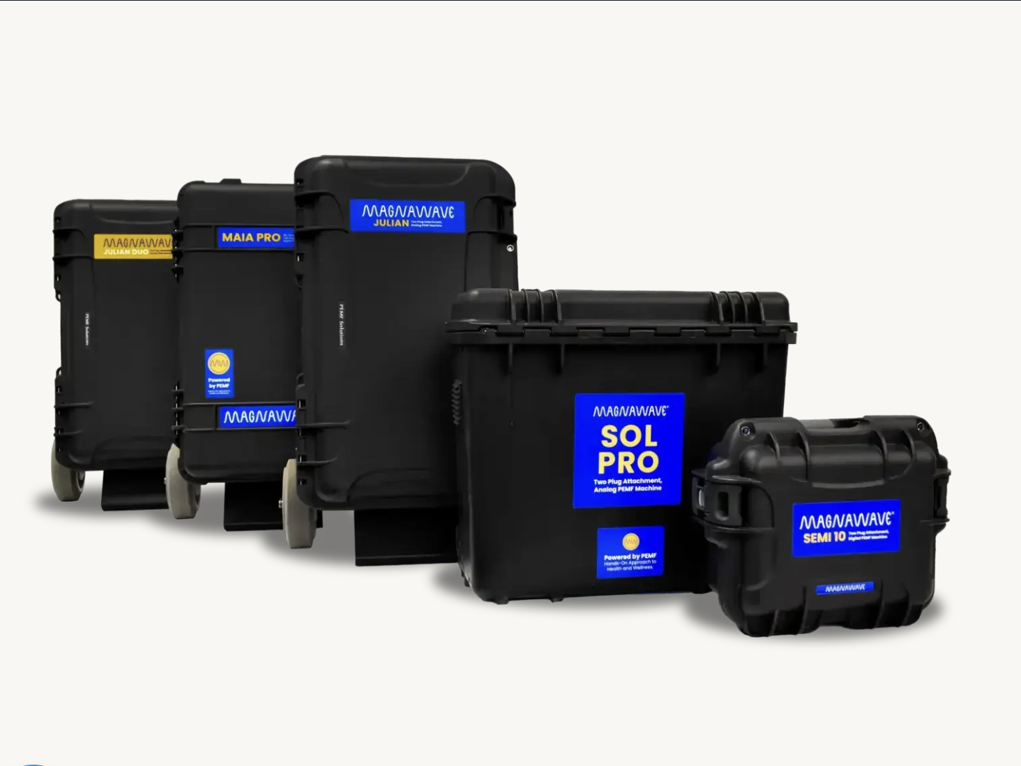 Collection of black equipment cases with blue and yellow labels, labeled with various product names including MagVawave, SOL PRO, and SEMI 10.