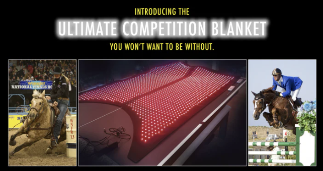 A promotional graphic for TherasagUltimate Competition Blanket, featuring three images: a horse jumping a hurdle, a heated ground pad for animals, and a person riding a horse over a jump. The text highlights the product as essential for competitions.