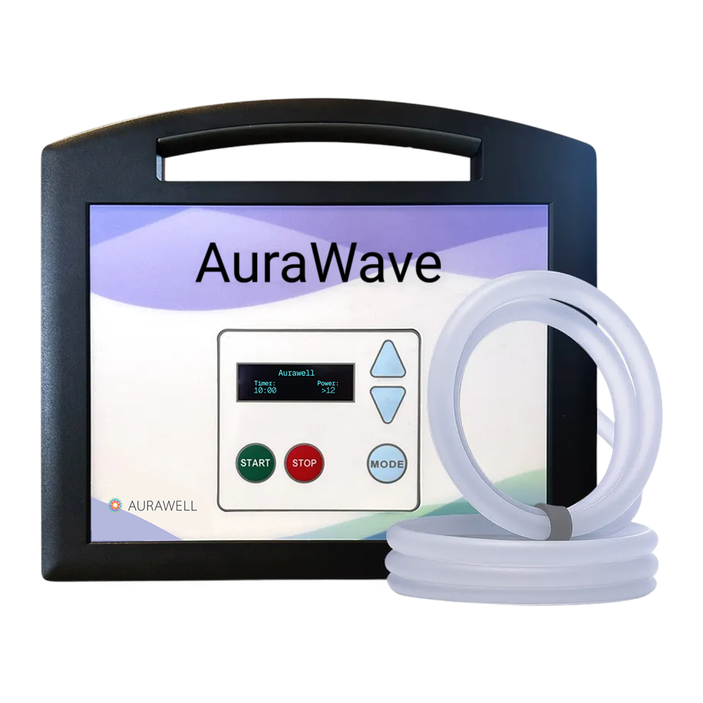 AuraWave device with a control panel and a white ring-shaped accessory, used for therapeutic or medical purposes.