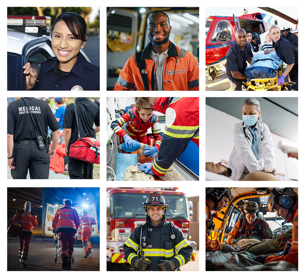 Grid of nine images displaying the various responders including police officers, firefighters, air ambulance personnel, emergency medical services, and hospital teams.
