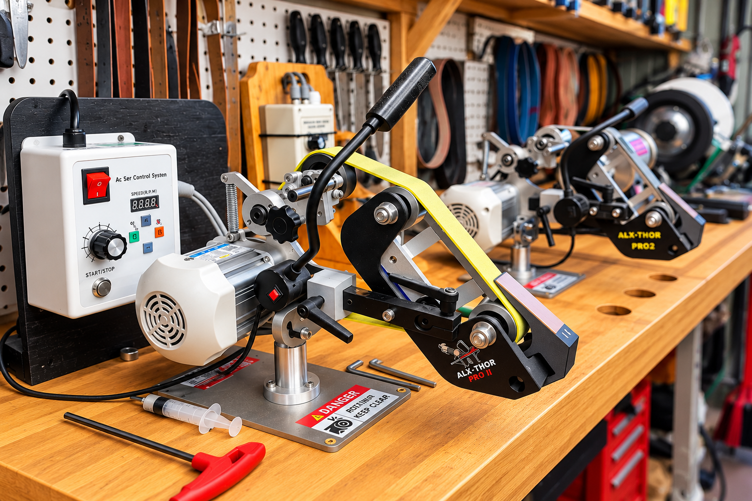 Picture of the ALXthor angle guide system mounted on a Vevor and Tulker-style 1x30 sharpener