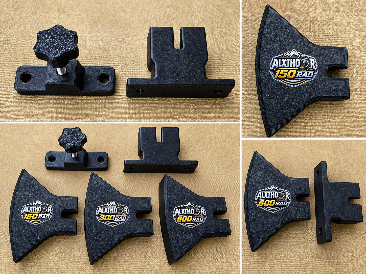 Picture of all the options available in the ALX Thor Rad system of radial platens for their knife sharpening system