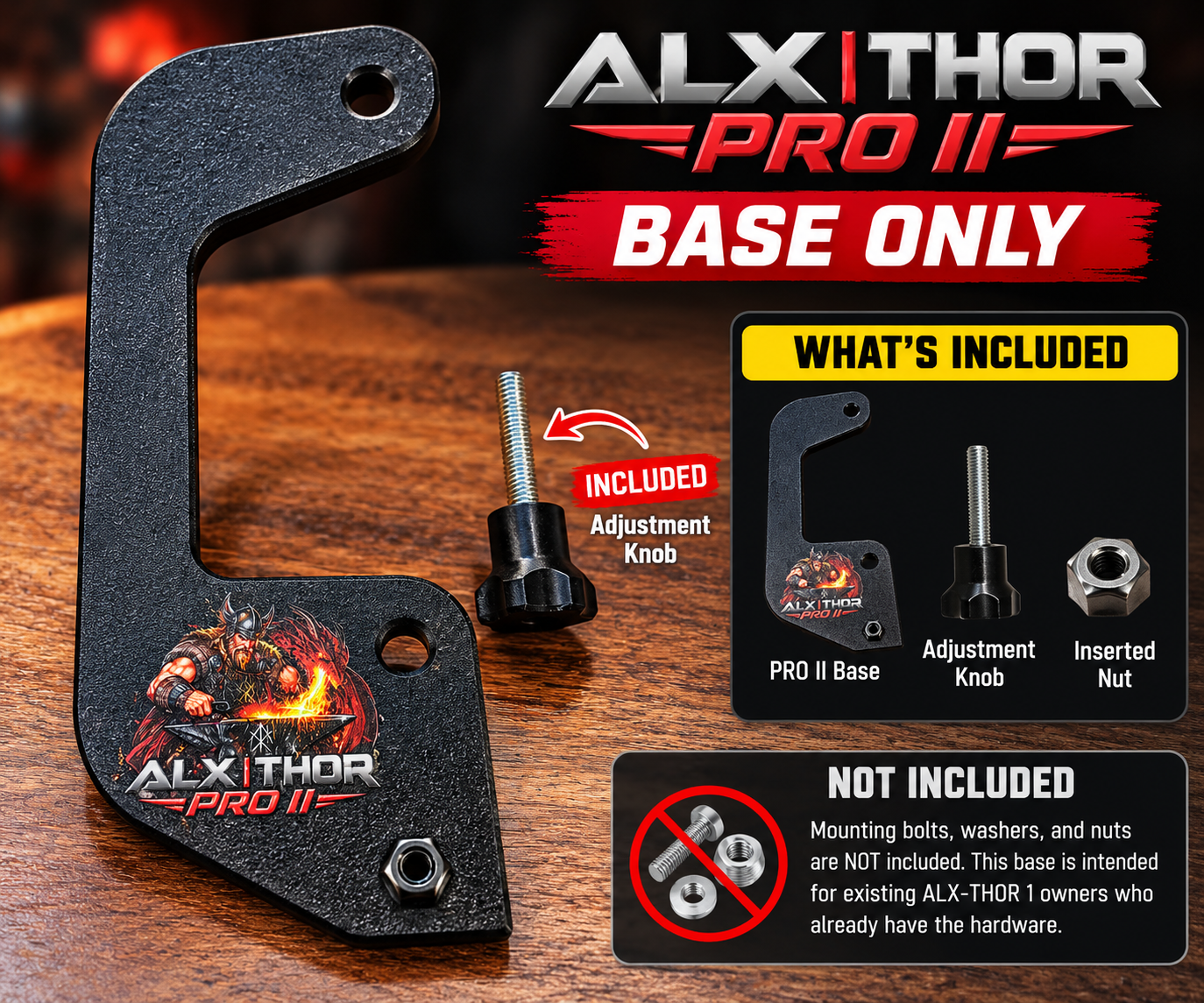 ALX-THOR Pro II base with adjustment knob and inserted nut, shown with included parts and excluded mounting hardware