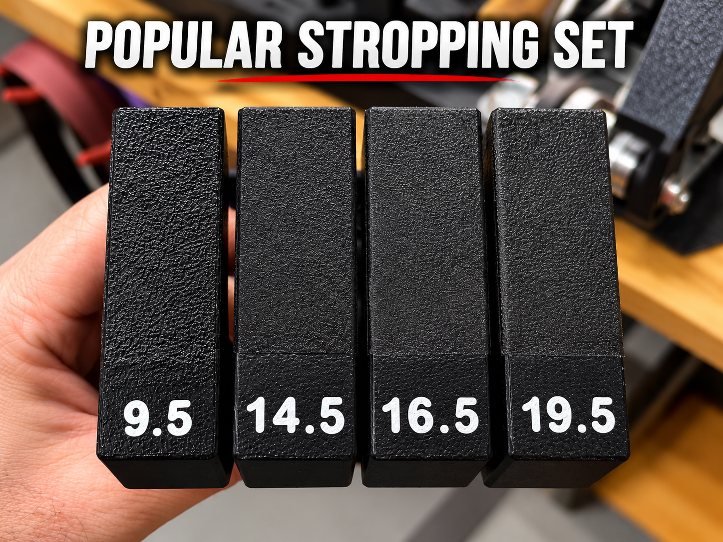 Four black Angle guides used for stropping knives, part of the Alxithor sharpening system