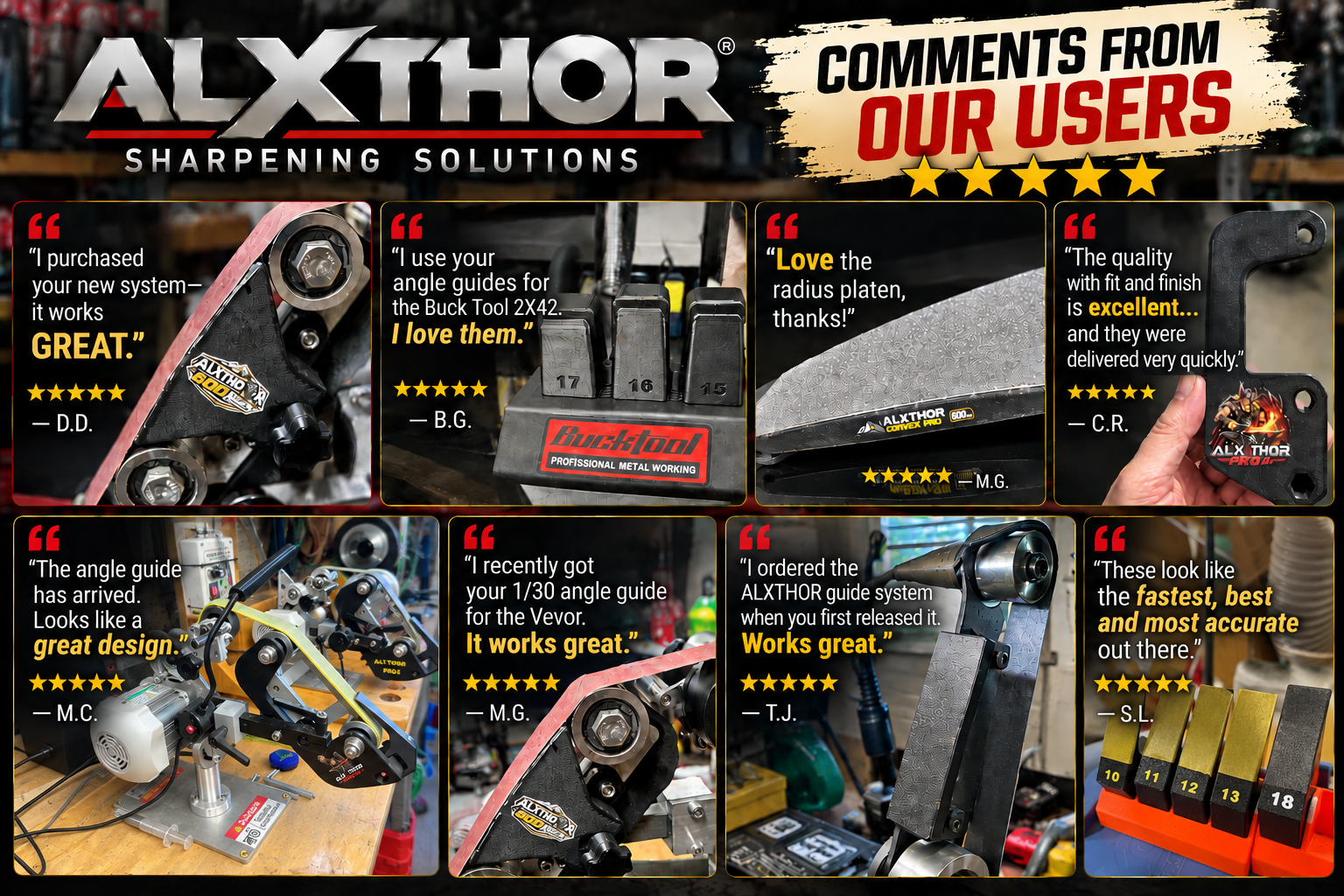 ALXTHOR sharpening solutions testimonial collage featuring angle guides, knife sharpening systems, Buck Tool accessories, and five-star customer reviews
