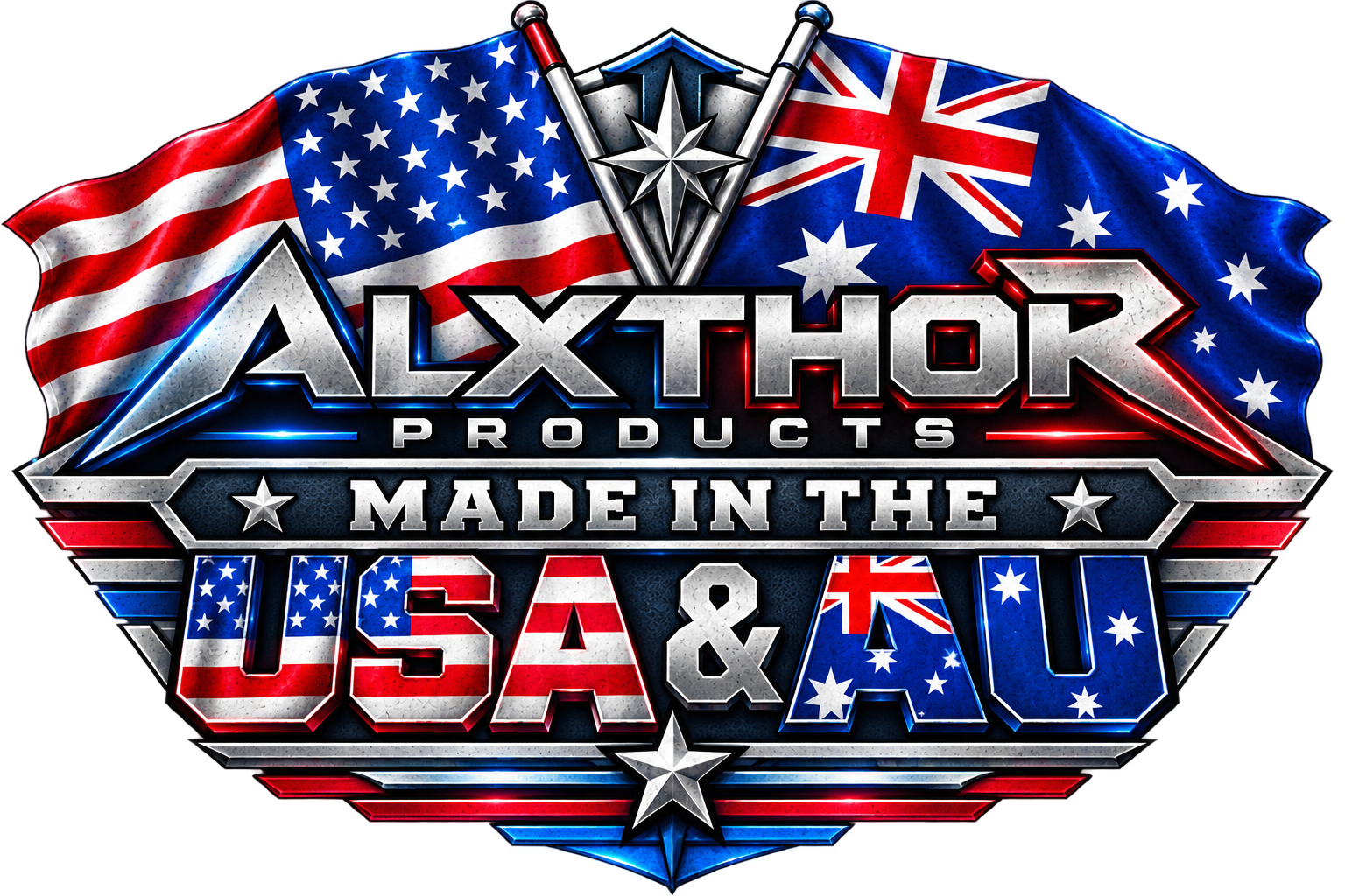 Alexthor Products logo featuring U.S. and Australian flags with the text “Made in the USA & AU.”