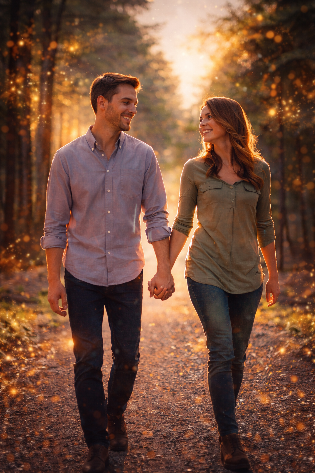 A young couple holding hands and walking in a forest during sunset, smiling and looking at each other.