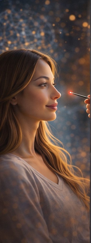 A woman with long brown hair smiling confidently as a lit match is held close to her face, with a blurred, sparkly background.