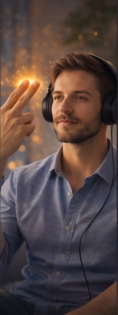 A man wearing headphones and a blue button-up shirt, sitting outdoors at sunset, holding his hand up with spark-like effects between his fingers.