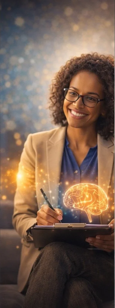 A woman with glasses smiling and writing in a notebook with a digital floating brain illustration above her hand.