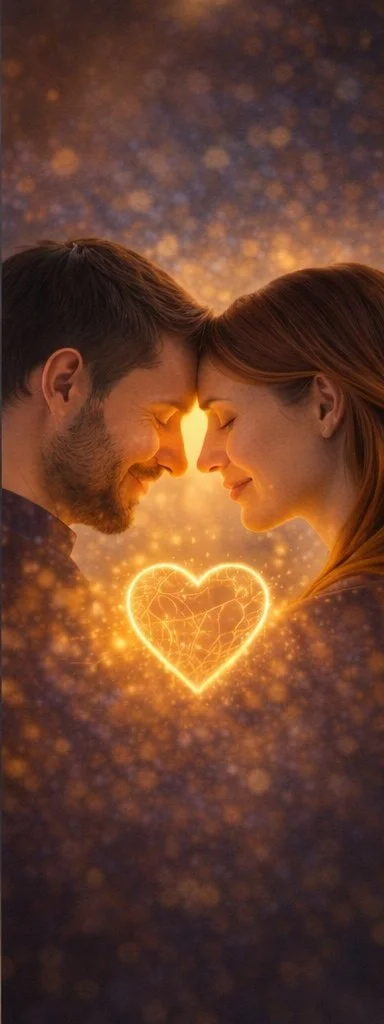 A man and woman face each other with foreheads touching, eyes closed, surrounded by glowing golden sparkles and a digital heart outline between them, against a dark, sparkling background.