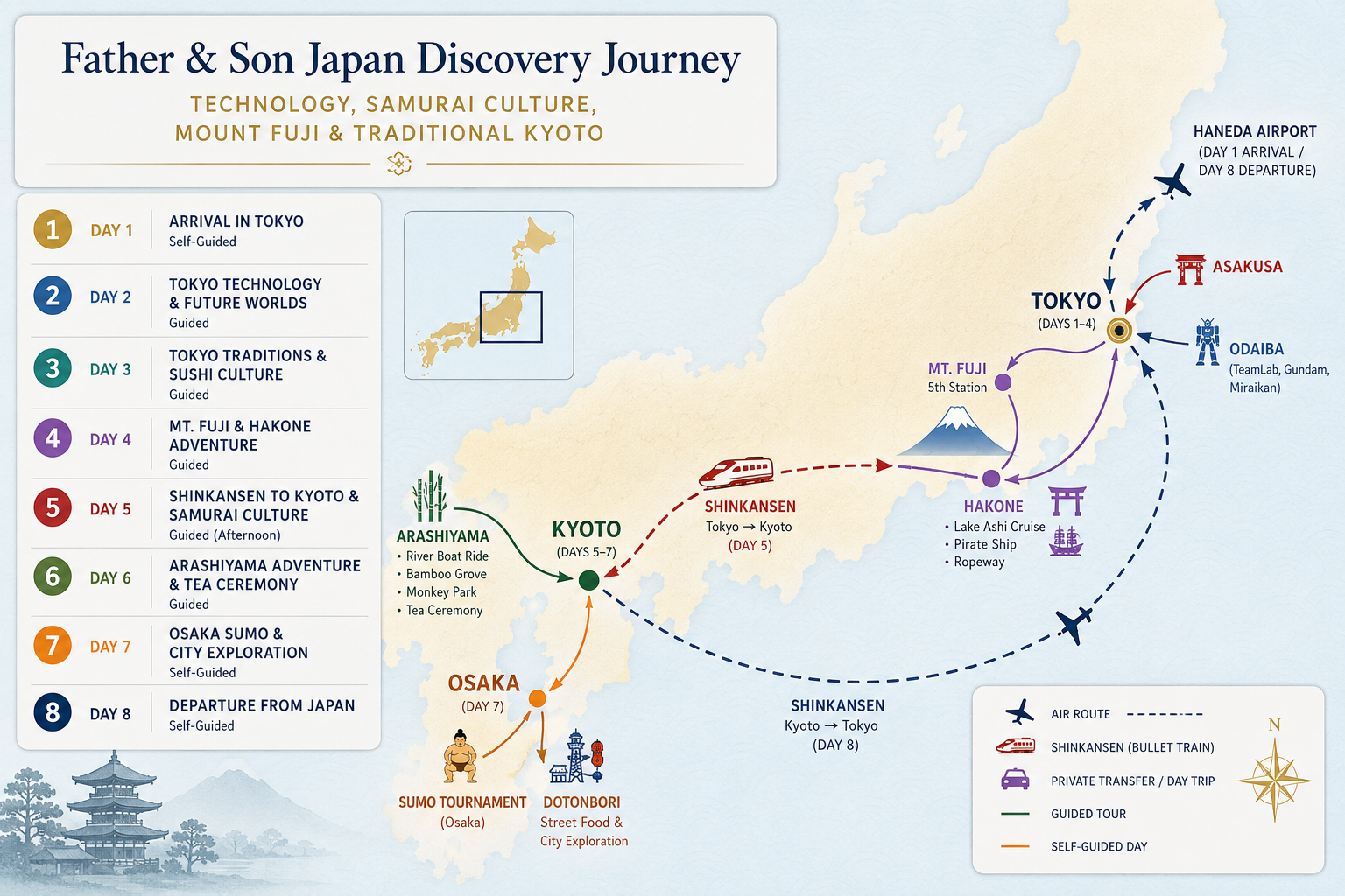 Map of Japan outlining a Father & Son Japan Discovery Journey. It includes a legend with symbols for air route, Shinkansen bullet train, private transfer/day trip, guided tour, and self-guided day. The map details days 1-8 of the trip: Day 1 shows arrival at Haneda Airport in Tokyo; Day 2 features Tokyo technology and future worlds; Day 3 focuses on Tokyo traditions and sushi culture; Day 4 includes Mt. Fuji and Hakone adventure; Day 5 covers shinkansen travel from Tokyo to Kyoto, exploring Arashiyama, bamboo grove, monkey park, and tea ceremony; Day 6 involves Arashiyama adventure and tea ceremony; Day 7 explores Osaka Sumo and city, including Dotonbori street food and city exploration; Day 8 is departure from Japan. The map also shows locations like Tokyo, Mt. Fuji, Hakone, Arashiyama, Kyoto, Osaka, and Haneda Airport with icons and routes connecting them.