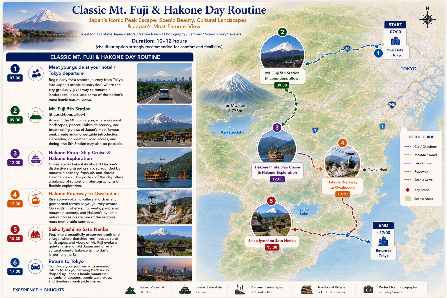 Map detailing a day tour route from Tokyo to Mount Fuji and Hakone, including stops at Mount Fuji 5th Station, Hakone Pirate Ship Cruise, Hakone Ropeway to Owakudani, Saiko Iyashi no Sato Nenba, and return to Tokyo, with icons indicating scenic areas, vessel, mountain road, ropeway, scenic drive, and cultural village.