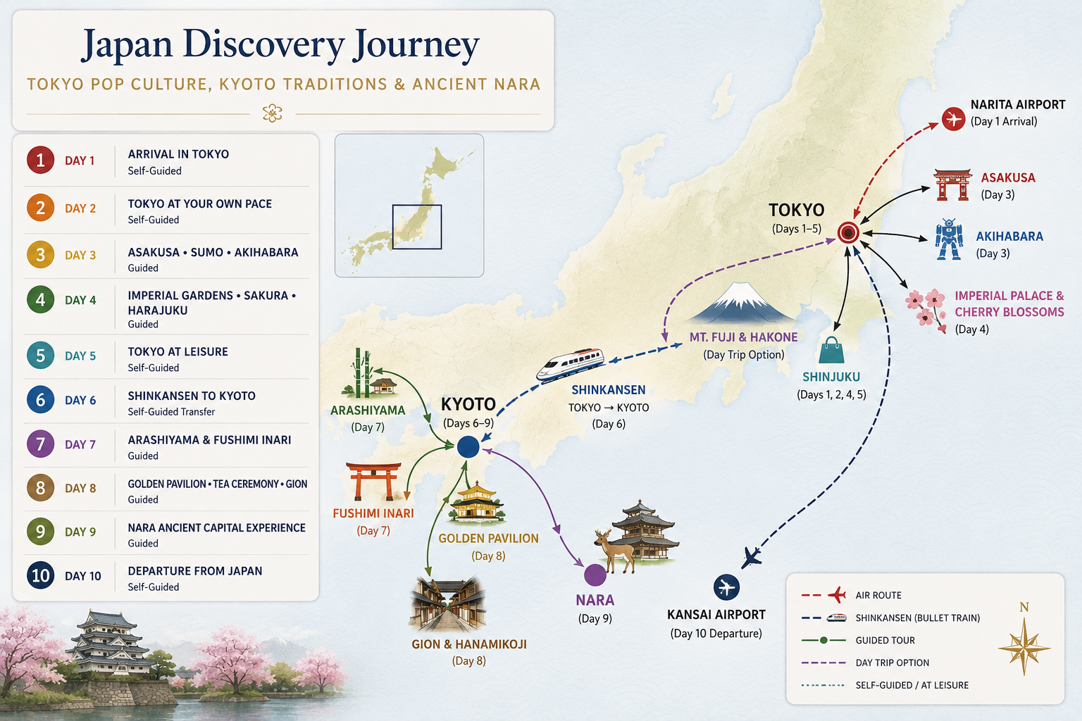 Map of Japan illustrating a 10-day travel itinerary from Narita Airport in Tokyo, detailing travel routes and activities including visits to landmarks such as Asakusa, Akihabara, Imperial Palace, and Nara, with icons for air travel, train routes, guided tours, and self-guided explorations.
