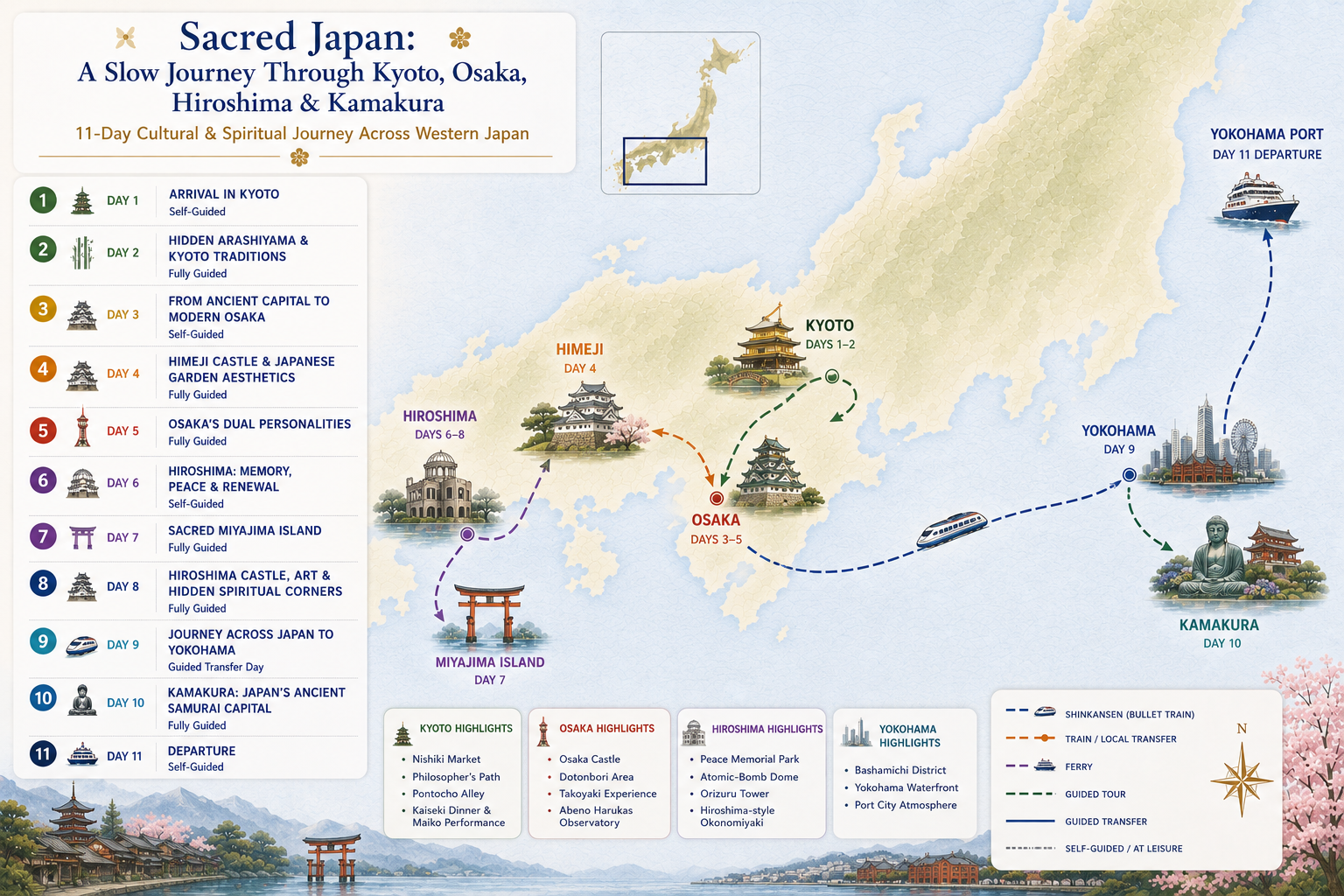 Map of a cultural and spiritual journey across western Japan including Kyoto, Osaka, Hiroshima, and Kamakura, with icons and paths indicating guided tours, trains, ferries, and highlights of each region.