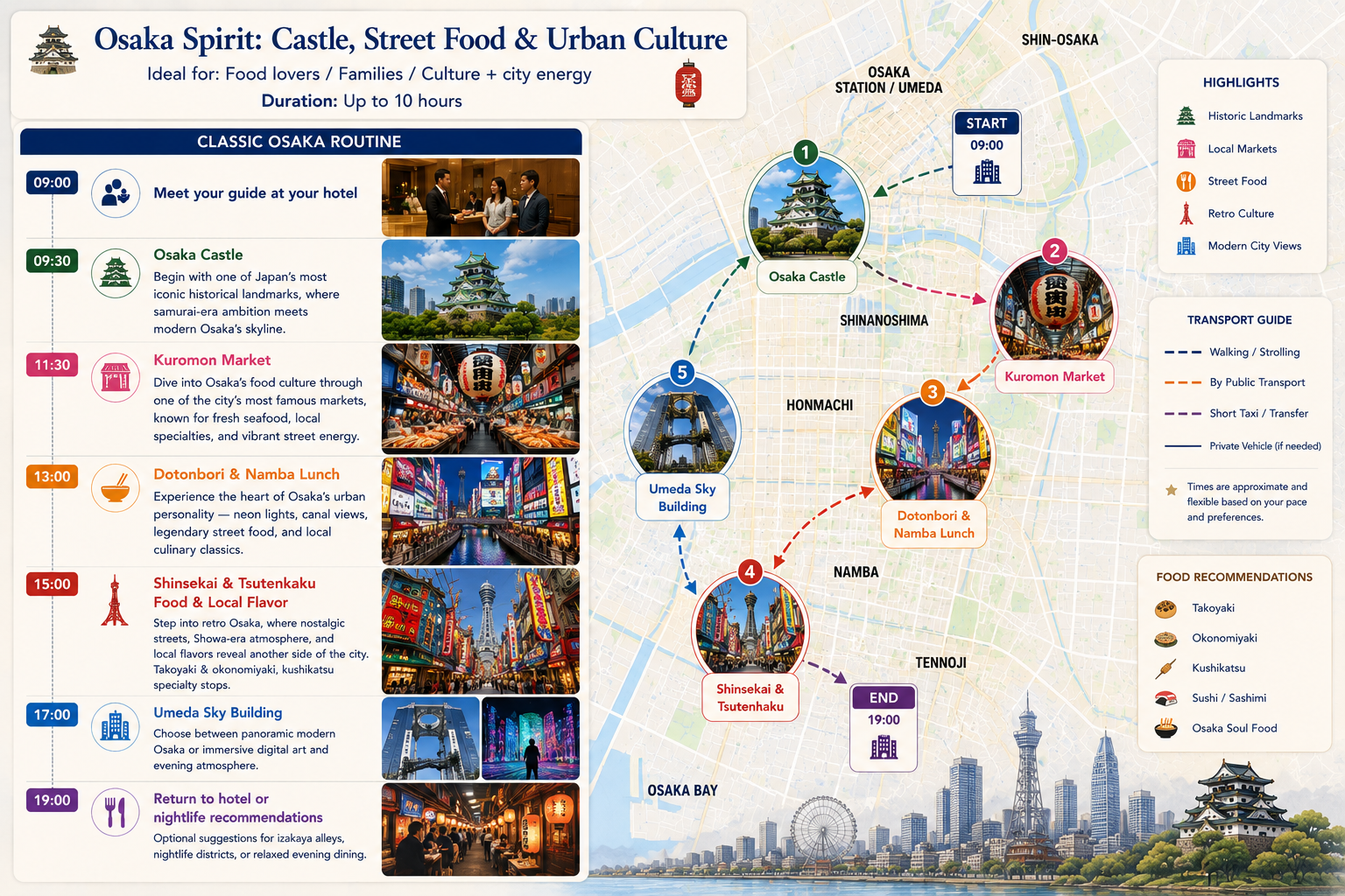 Map of Osaka city highlighting a guided food and culture tour with designated stops at Osaka Castle, Kuromon Market, Dotombori & Namba Lunch, Shinsekai & Tsutenkaku, and Umeda Sky Building, including a legend and itinerary details.