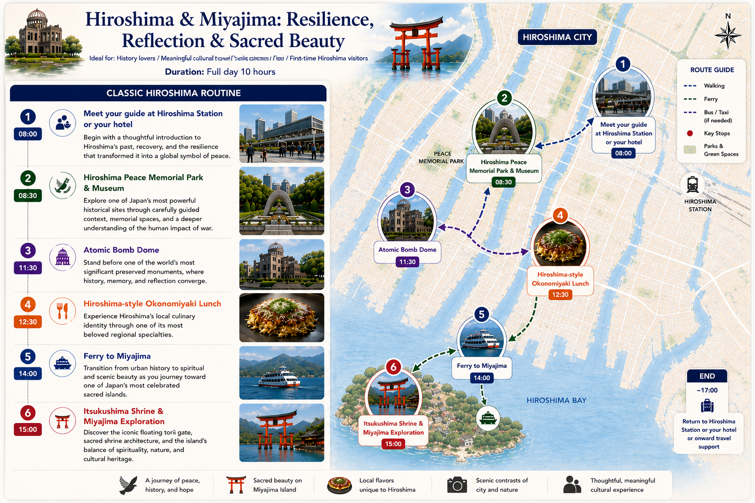Map of Hiroshima with a classic route starting at Hiroshima Station, visiting Hiroshima Peace Memorial Park and Museum, Atomic Bomb Dome, Hiroshima-style Okonomiyaki lunch, ferry to Miyajima, and Itsukushima Shrine & Miyajima Exploration, with time schedules and icons indicating route types, key stops, parks, scenic contrasts, and cultural icons.