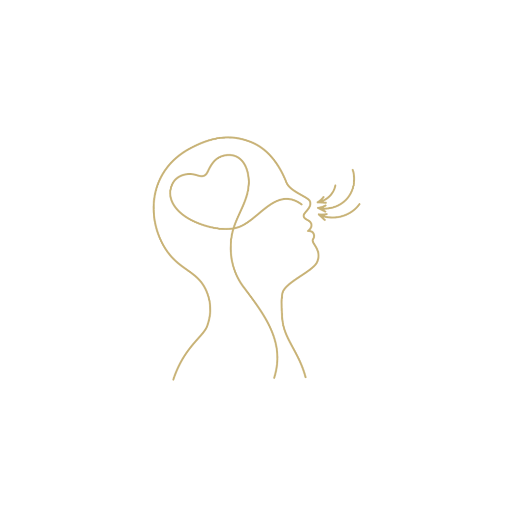 Linienzeichnung einer Frau, die Schnupfen hat, mit Herz im Kopf, auf schwarzem Hintergrund.