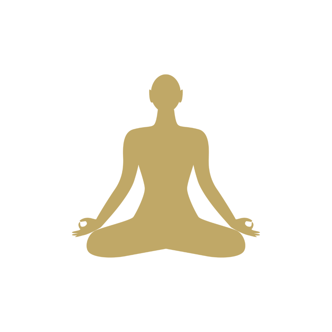 Silhouette einer Person in einer Meditationspose, sitzend im Schneidersitz, die Hände ruhen auf den Knien in Mudras.