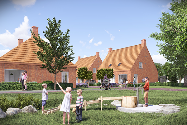 Kinderen spelen in een park met een houten evenwichtsbrug en natuurlijke elementen, terwijl volwassenen fietsen en wandelen in een rustige woonwijk met typische rode bakstenen huizen en groene bomen.
