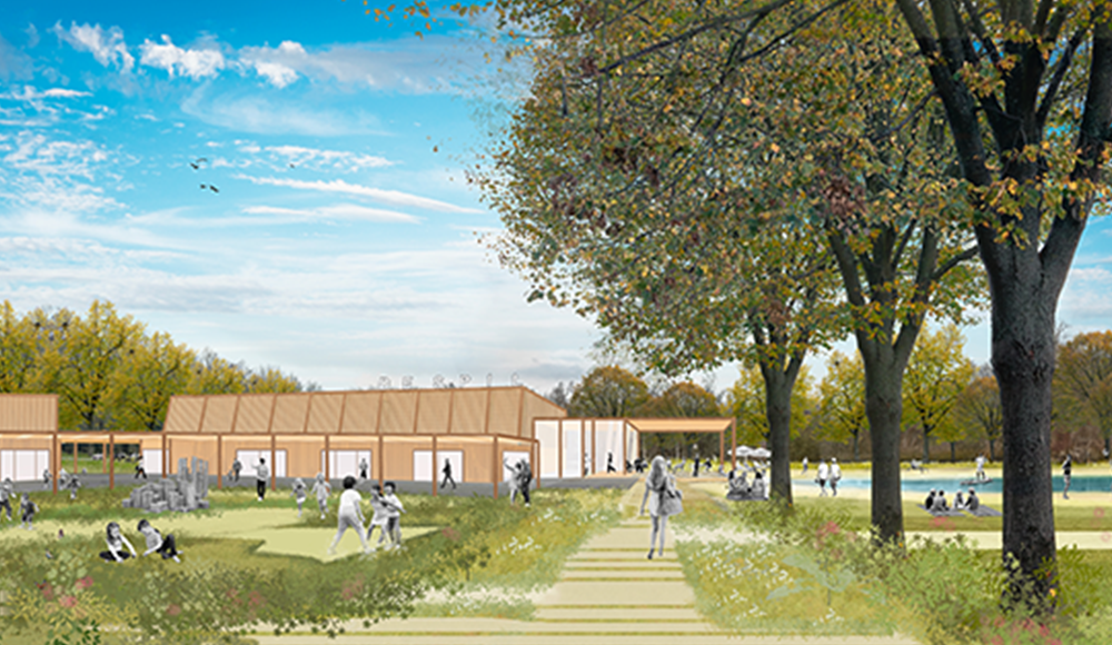 Een park met bomen, mensen die wandelen, zitten, en spelen, en een modern gebouw op de achtergrond onder een blauwe hemel.