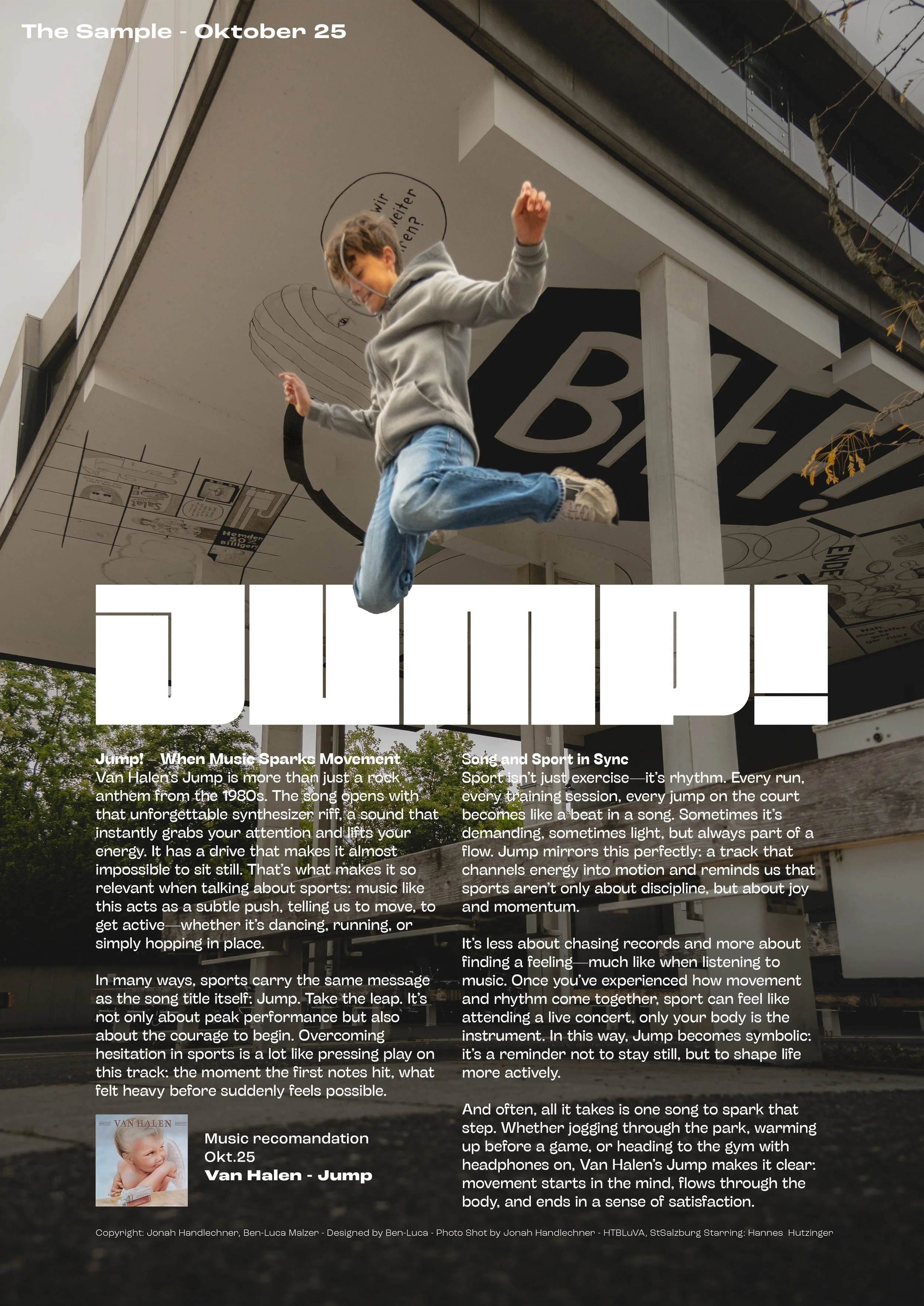 A boy in a gray hoodie and jeans jumping outdoors in front of a building with black and white mural art, under text that says 'The Sample - Oktober 25', with additional text overlay about sports, music, and movement, and a small inset image of a baby.