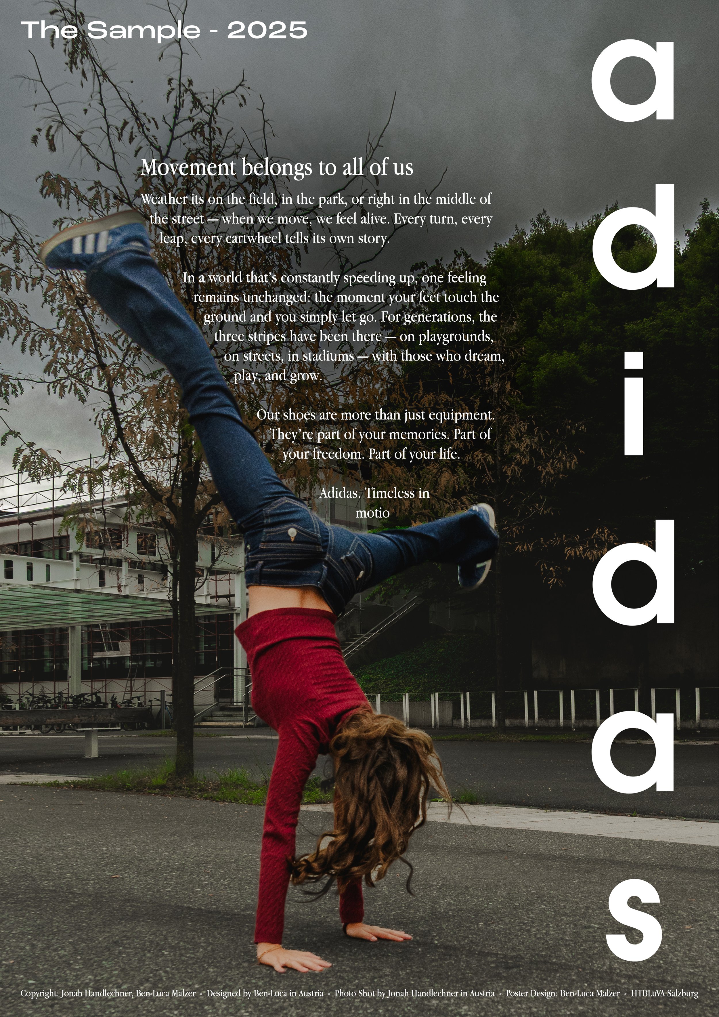 A young girl performing a handstand outdoors on a pavement, with trees, a building, and cloudy sky in the background. Overlaid text discusses the theme of movement and the Adidas brand.