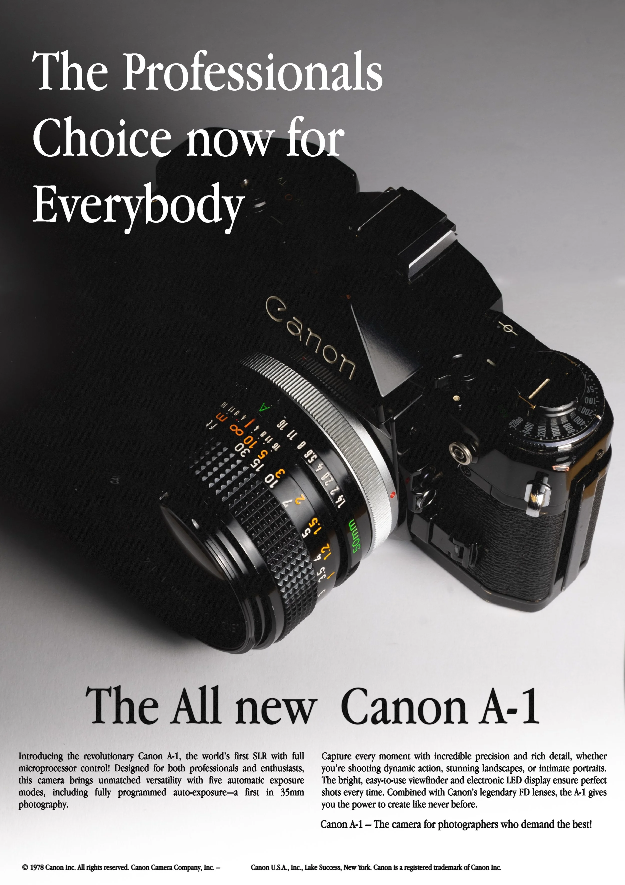 Vintage black Canon camera with a silver lens and various dials on a gray background, featuring promotional text about the Canon A-1 camera.