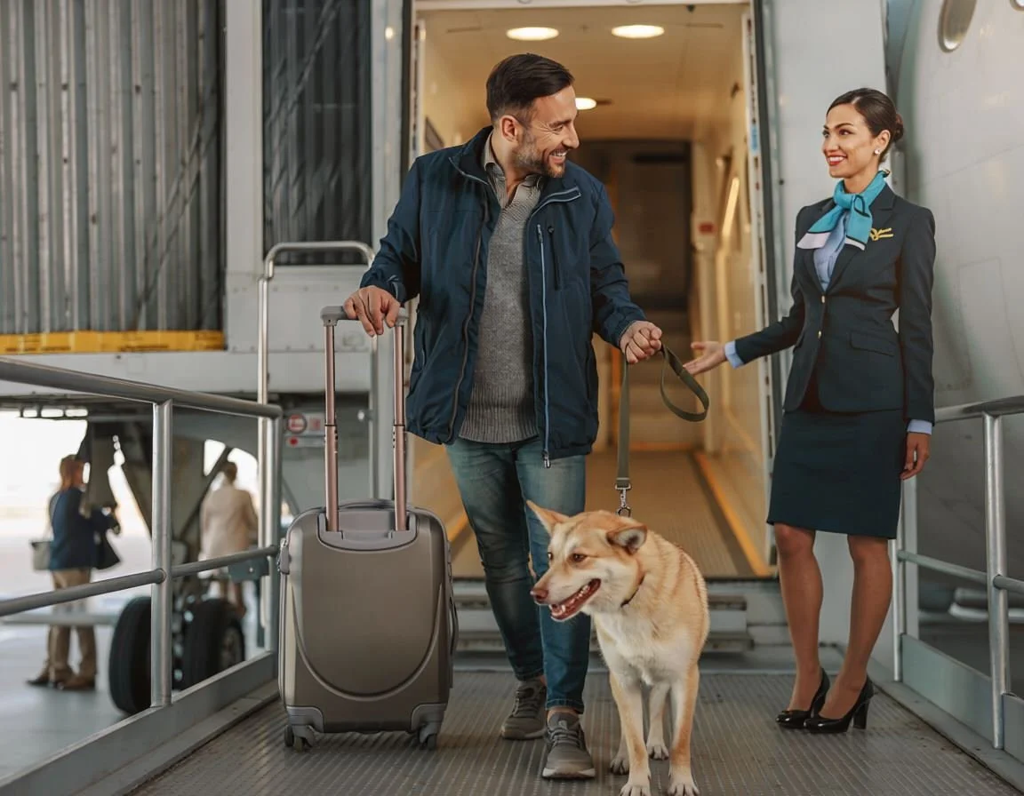 A man with a dog and a female flight attendant at the bottom of an airplane staircase