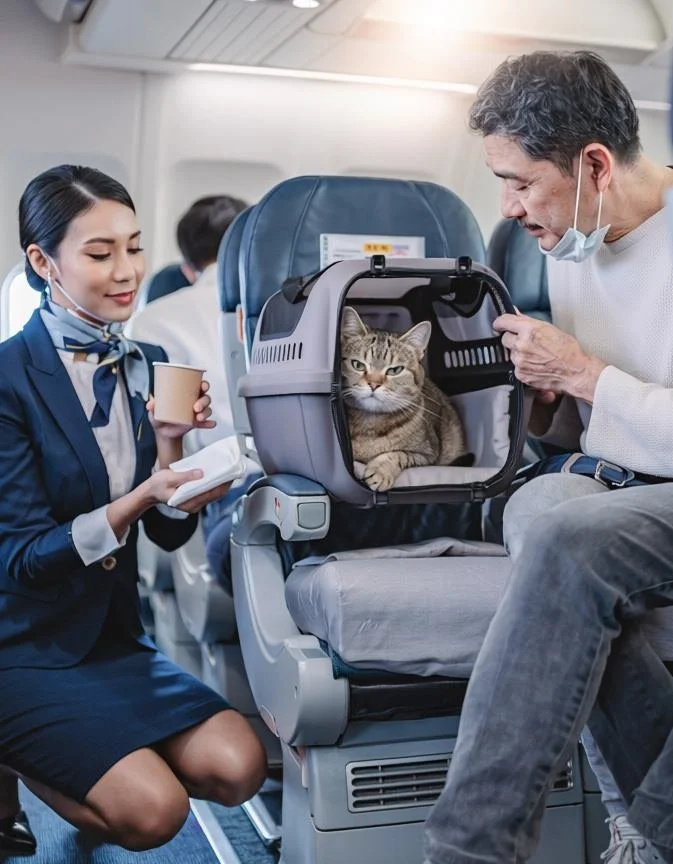 A woman flight attendant handing a cup to a man sitting next to a cat carrier on an airplane. The cat is inside the carrier, looking at the camera.