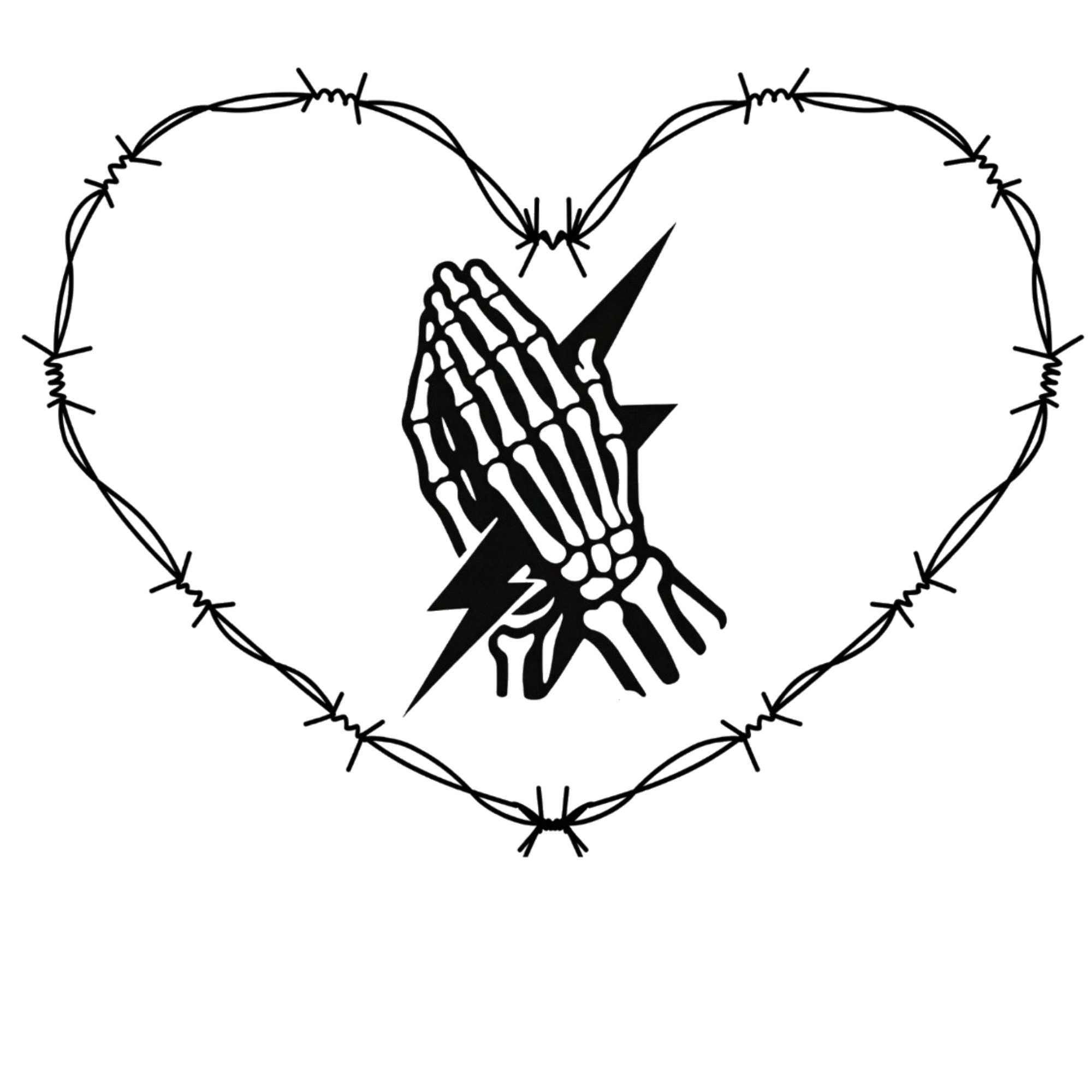 A black and white illustration of praying hands with a lightning bolt, surrounded by a heart-shaped barbed wire outline.