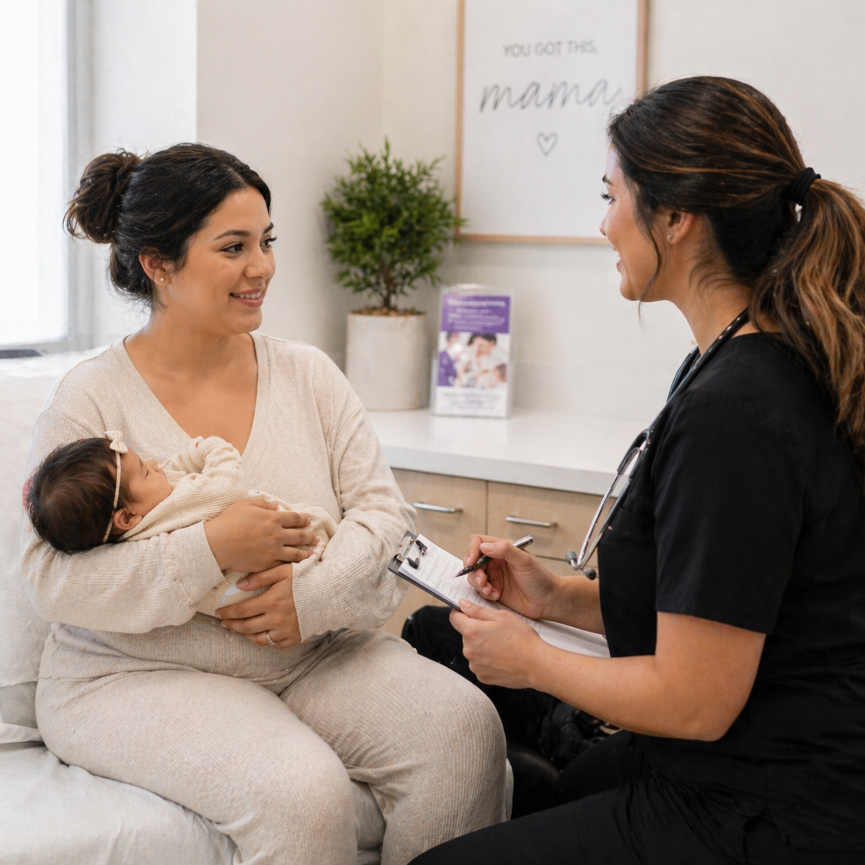 A pregnant woman holding a sleeping baby and speaking with a healthcare provider in a medical office.