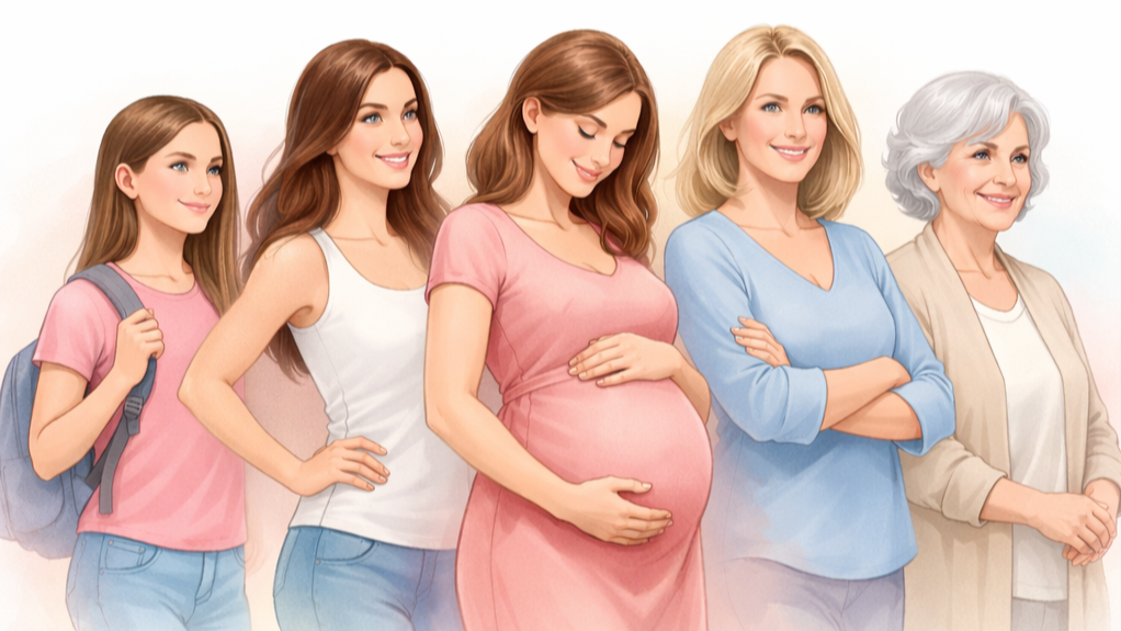From left to right, a young girl with a backpack, a teenage girl, a pregnant woman, a middle-aged woman, and an elderly woman all smiling.