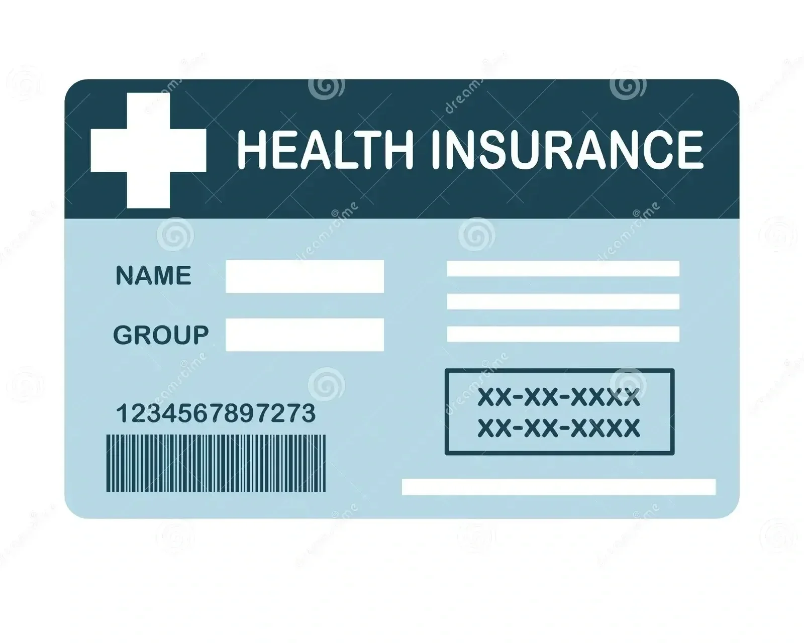 A health insurance card with a white cross symbol and spaces for the cardholder's name, group, ID number, and barcode.