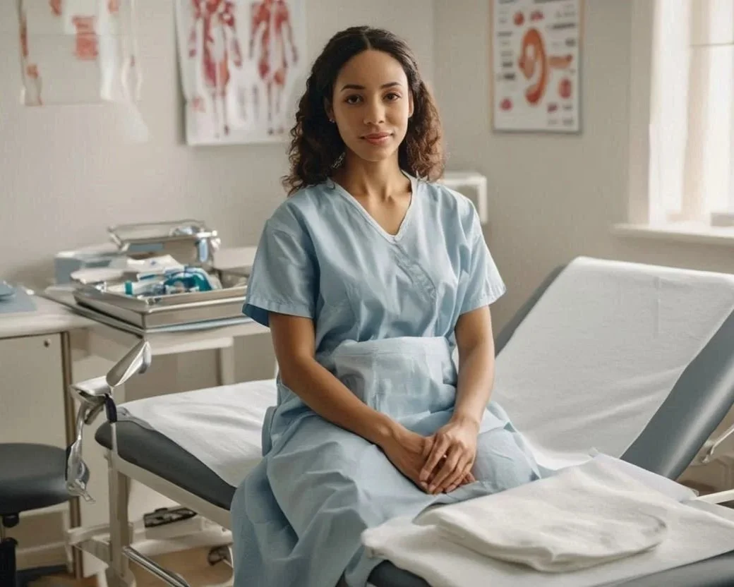A young woman in a blue hospital gown sits on a hospital bed in a medical examination room with anatomical posters on the wall.