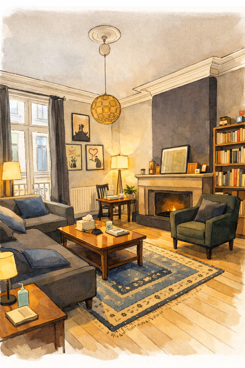 Cabinet de psychologue à Bruxelles, espace chaleureux pour séances de thérapie en présentiel.