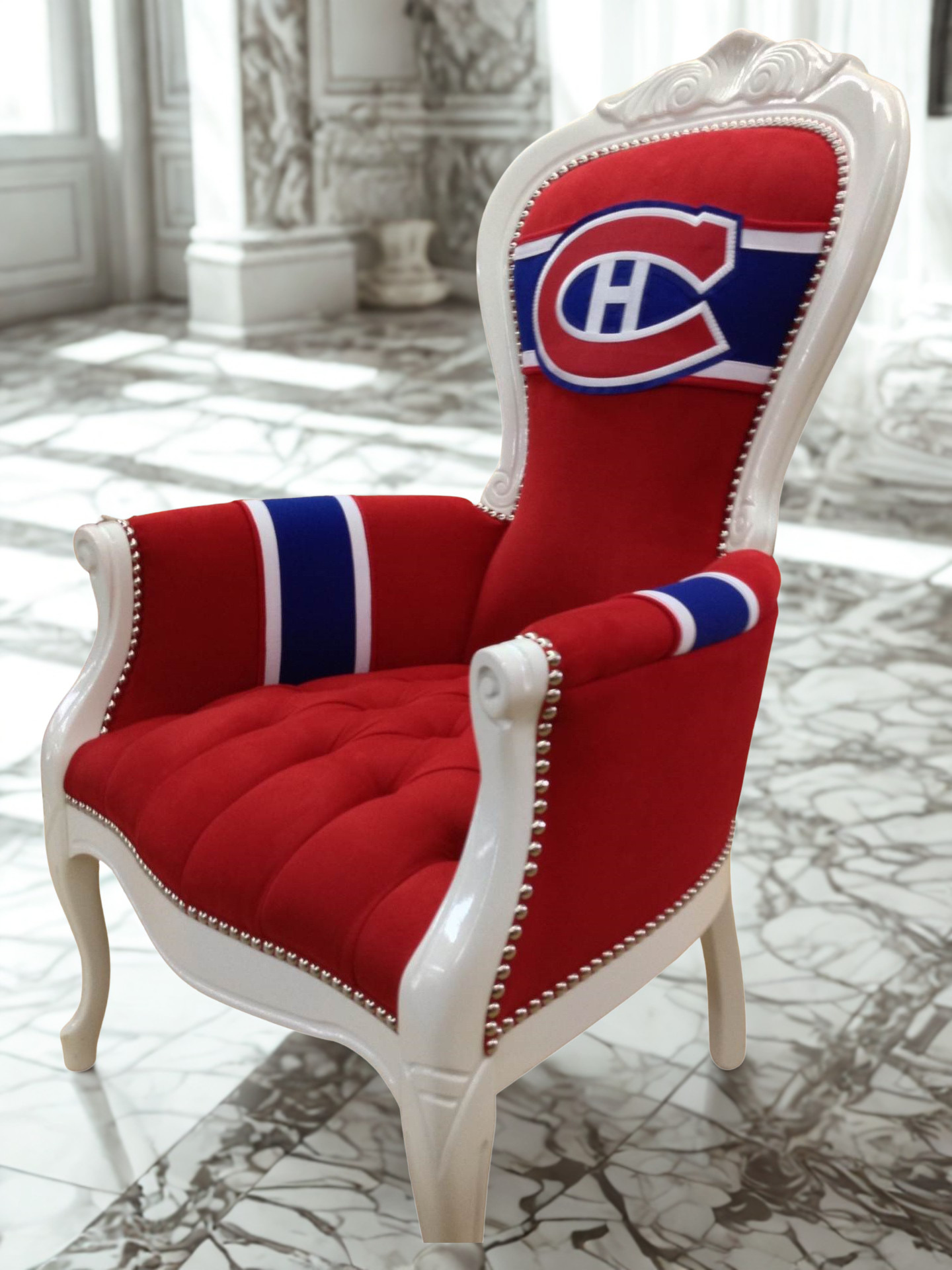 A luxurious red and white chair with the Montreal Canadiens hockey team's logo on the backrest, set in a marble-floored room with elaborate white paneling and large windows.