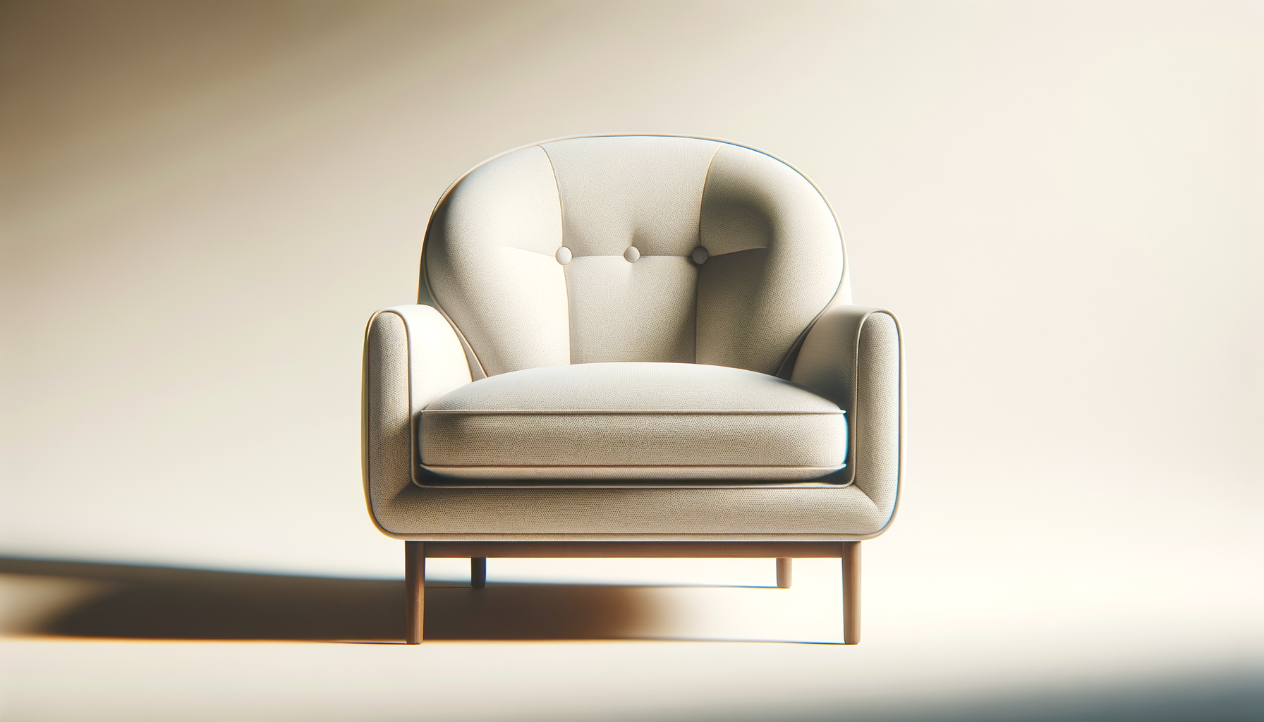 Light-colored modern armchair with a rounded back and wooden legs, placed against a gradient beige background.