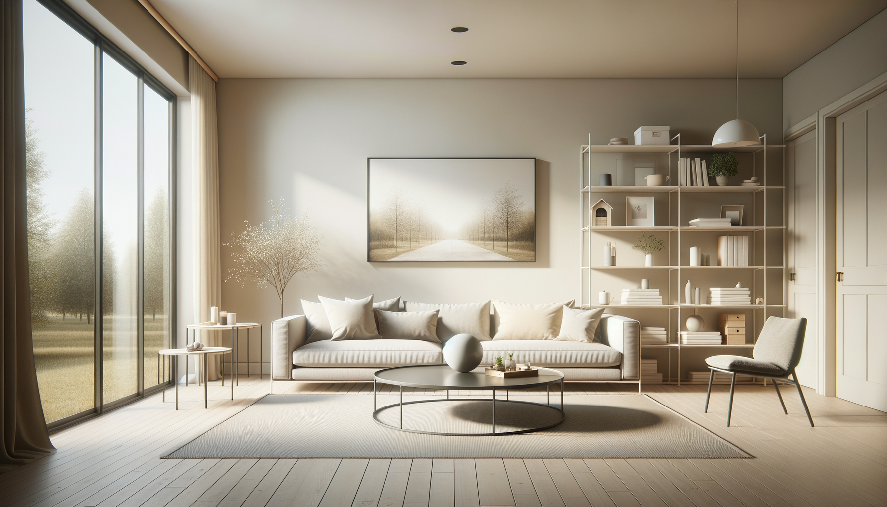Minimalist living room with large windows, white sofa, round coffee table with a white vase, side tables, chair, and white shelving unit with decorative items and books, sunlight streaming in.