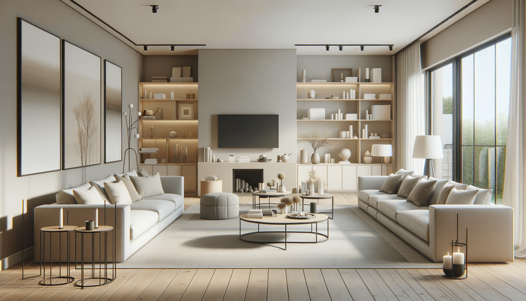 Modern living room with two white sofas, a coffee table, and a fireplace, decorated with neutral-tone pillows, lamps, candles, and a large window with curtains.