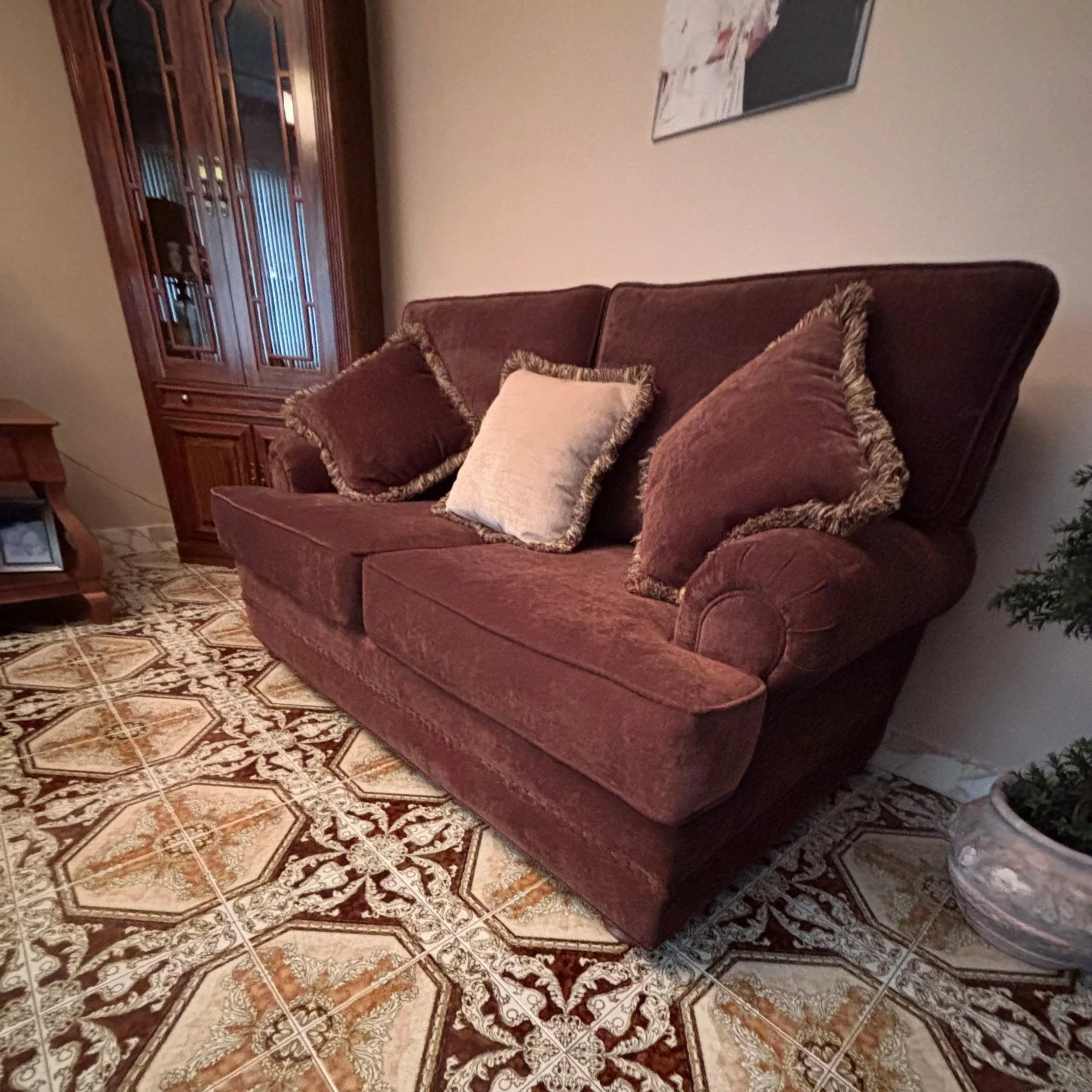 A vintage red velvet sofa with fringe-trimmed cushions on a patterned tile floor in a cozy living room.