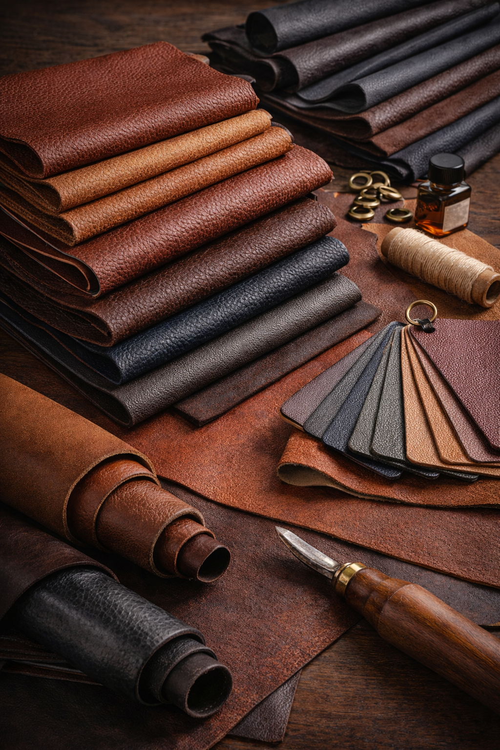 Assorted leather fabric swatches, leather rolls, leatherworking tools, and supplies on a wooden surface.