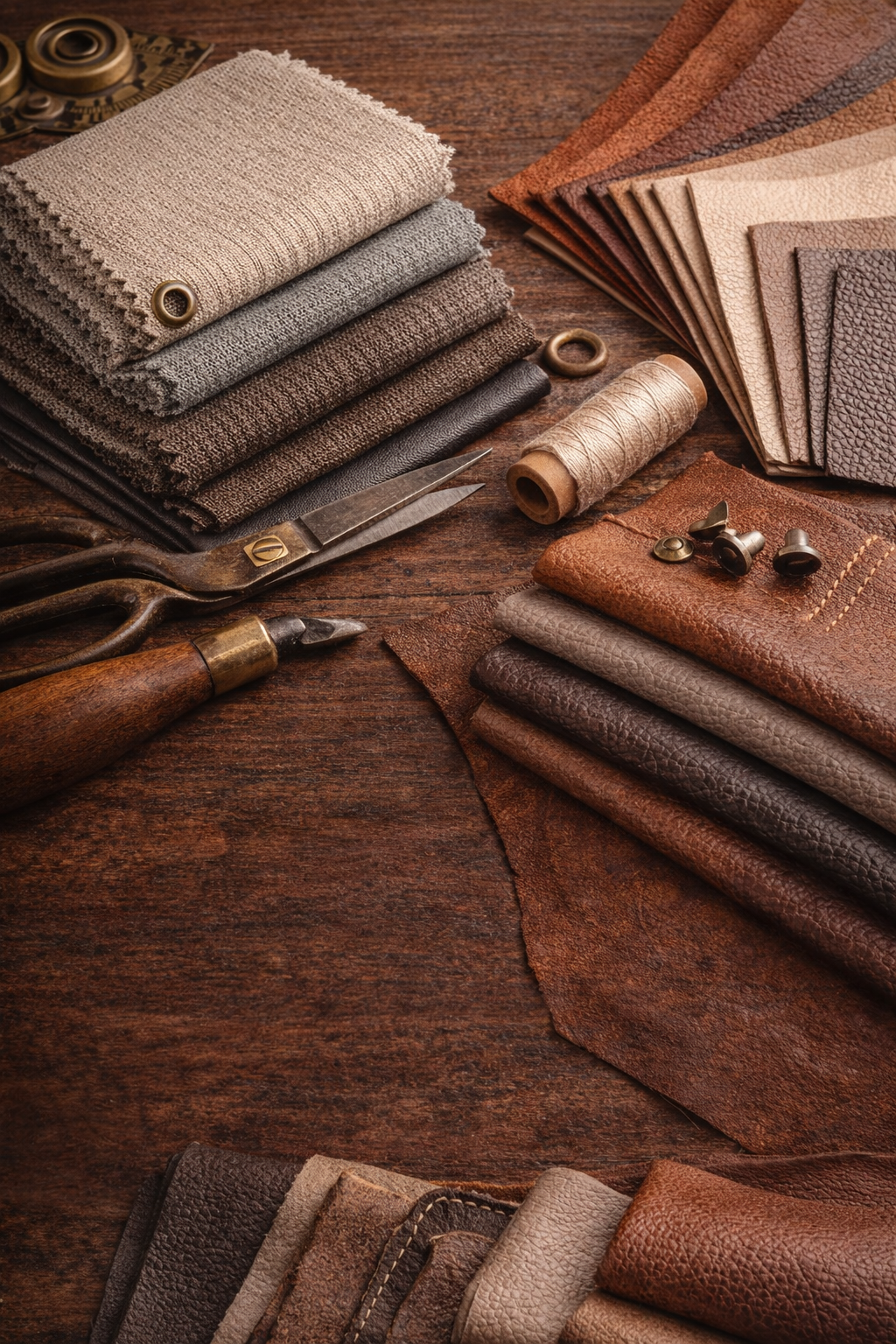 An assortment of fabric and leather swatches, sewing scissors, thread, and small hardware pieces on a wooden surface.