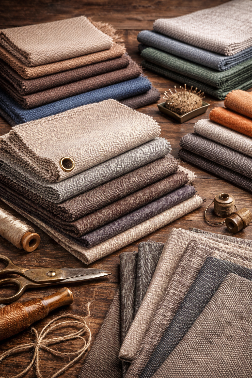 Stacks of fabric swatches in various neutral and earthy tones, sewing supplies including thread, scissors, and pins are also on a wooden table.