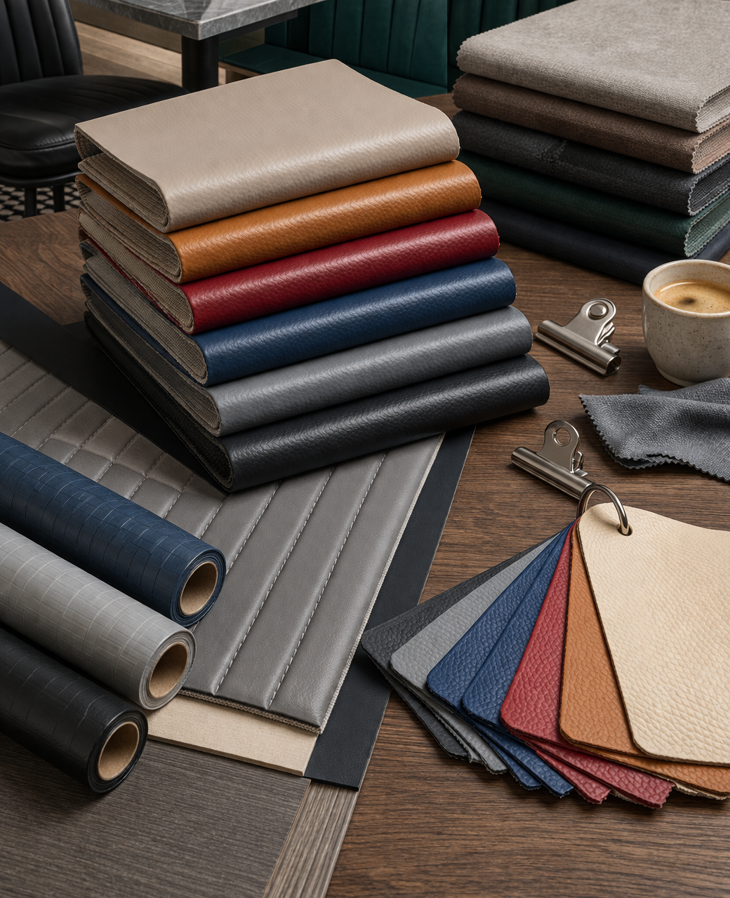 A stack of fabric and leather samples in various colors on a wooden table, with fabric rolls, color swatches on rings, clips, a cup of coffee, and fabric swatches nearby.