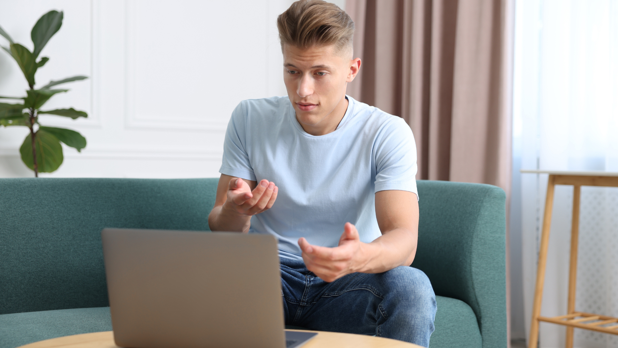 Young man sitting on a teal sofa, looking at a laptop, with a potted plant and beige curtains in the background.